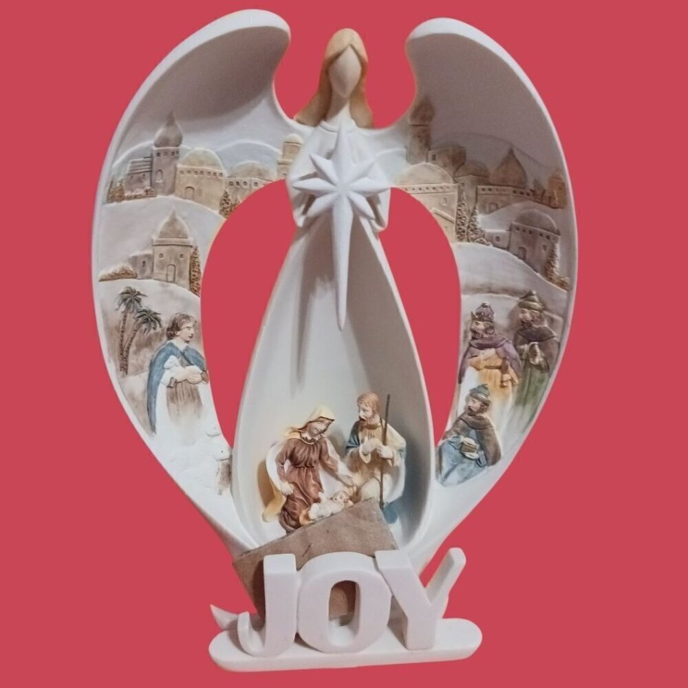 Dicksons Resin Joy/Angel Figurine With Led Lighted Holy Family 6 3/4" H Christma